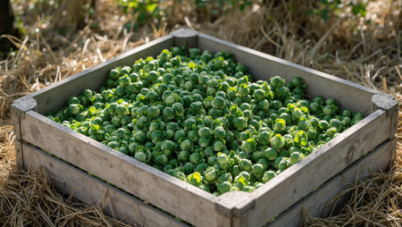 Freshly harvested Brussels sprouts in wooden crate sunlight filtering through treesの素材