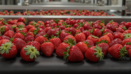 Fresh vibrant strawberries on black conveyor belt industrial settingの素材