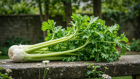 Fresh celery stalks on stone bench in garden glistening with dew drops surrounded by small flowersの素材