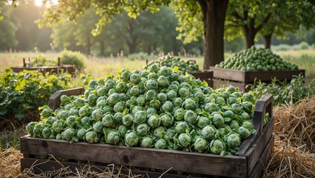 Freshly harvested Brussels sprouts in wooden crate sunlight filtering through treesの素材