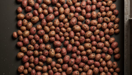 Fresh red potatoes on conveyor belt dirt patches industrial backdropの素材