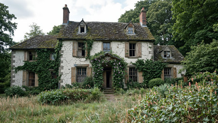 Abandoned manor house with overgrown garden and boarded windowsの素材