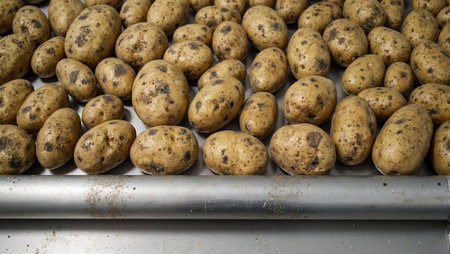 Fresh russet potatoes on conveyor belt earthy skins against steelの素材