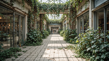 Abandoned mall with broken glass rusted frames and overgrown ivyの素材