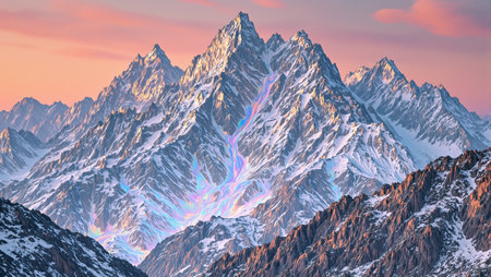 Iridescent silver mountain peaks at sunset with crystal streamsの素材
