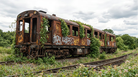 Rusty abandoned locomotive covered in graffiti nature reclaiming broken tracksの素材