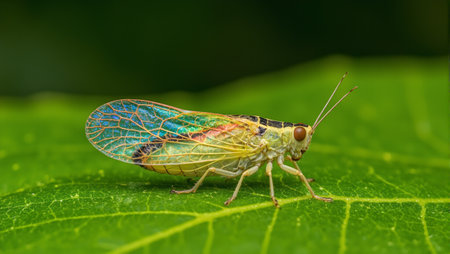 Vibrant leafhopper on green leaf rainbow wings intricate detailsの素材