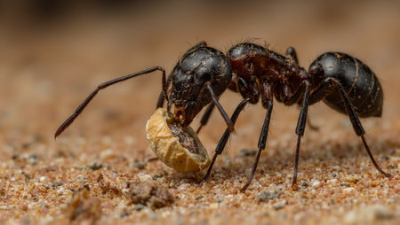 Macro view of determined ant carrying seed showcasing detailed exoskeletonの素材