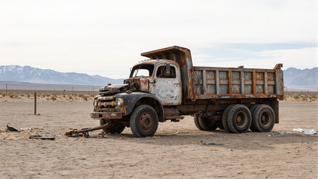 Rusty dump truck in barren lot with mountains in backgroundの素材