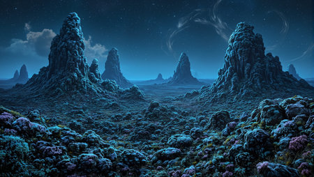 Enormous bioluminescent rocks in teal and purple under a stardust filled skyの素材