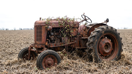 Abandoned rusty tractor in dusty field with flaking metal deflated tires and vines on steering wheelの素材