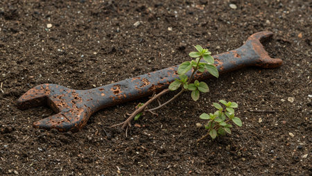 Rusted wrench in dirt plant nearbyの素材