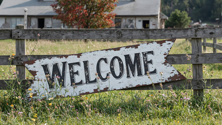 Weathered Welcome sign on rustic fence in rural town with wildflowers Vintage charmの素材