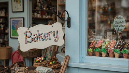 Charming Bakery sign on post colorful treats in window inviting bakery ambianceの素材