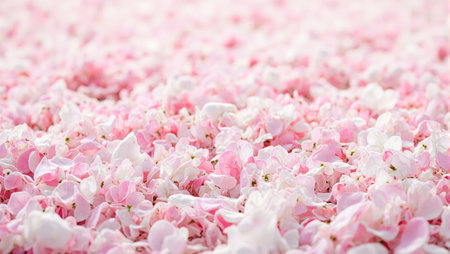 Soft pink and white cherry blossom petals creating a gentle spring like texture on the groundの素材