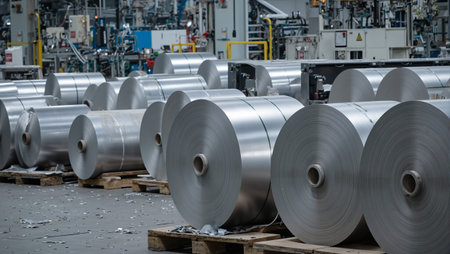 Modern industrial aluminum sheet metal production line with shiny rolls conveyor belts and machineryの素材