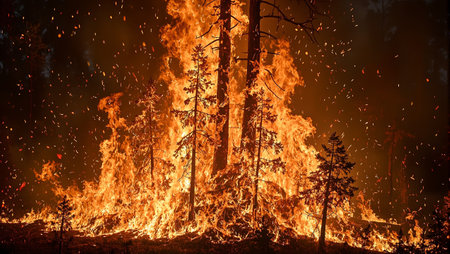 Wildfire consuming young trees in a forest flames and smoke engulfing the sceneの素材