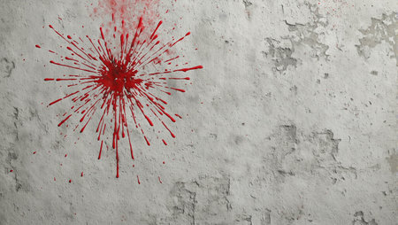 Weathered concrete wall with fresh red blood splatter creating a chilling sceneの素材