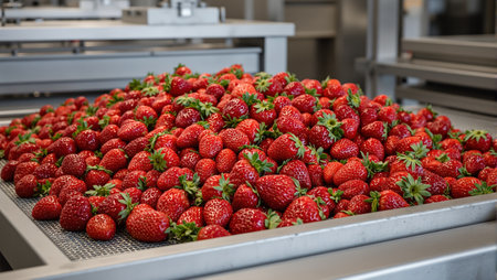 Fresh ripe strawberries on conveyor belt silver machinery vibrant red color green topsの素材