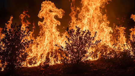 Intense flames consuming shrubs and trees with swirling smoke and ashの素材