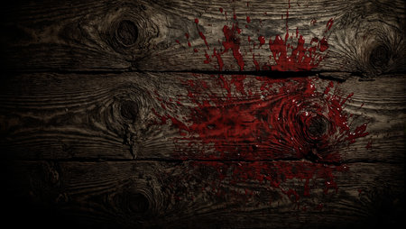 Ominous blood splatter on rustic cabin wallの素材