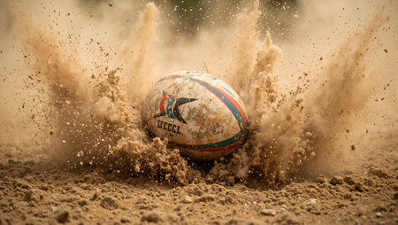 Rugby ball in swirling dust storm rugged and high energyの素材