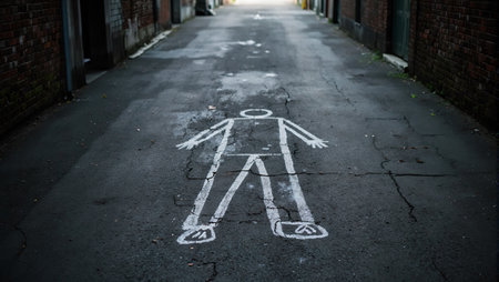 Dark alley with detailed chalk outline of human body adding urgency and realismの素材