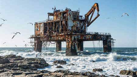 Rusted oil rig structure on rocky coast with crashing waves and seagullsの素材