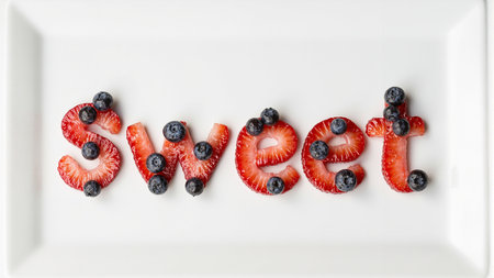 Fresh strawberries and blueberries spell out sweet on a plateの素材