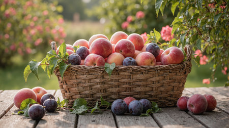 Fresh peaches and plums on a sunlit picnic table with peach leaves set against a blooming gardenの素材
