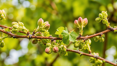 Fresh grapevine buds in sunlight promising a fruitful harvestの素材