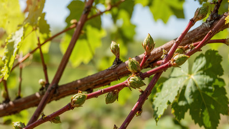 Fresh grapevine buds in sunlight promising a fruitful harvestの素材