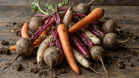 Freshly harvested root vegetables on rustic farm tableの素材