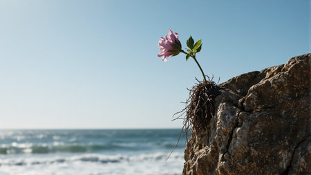 Courageous flower defying gravity on cliffs edge amidst crashing wavesの素材