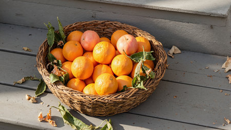 Fresh oranges and grapefruits in a woven basket on a sunlit porchの素材