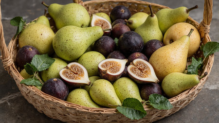 Freshly picked pears and figs in a rustic basket on a stone counterの素材