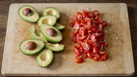 Fresh tomatoes and avocados on cutting board with salt and pepperの素材