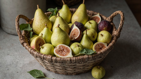 Freshly picked pears and figs in a rustic basket on a stone counterの素材