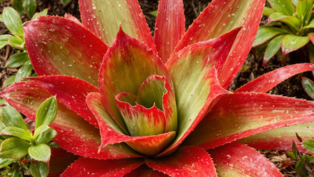 Vibrant red and green bromeliad plant with waxy leaves forming a bowlの素材