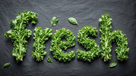 Fresh word formed by vibrant greens on slateの素材