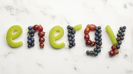Vibrant fruit spell out energy on marbleの素材