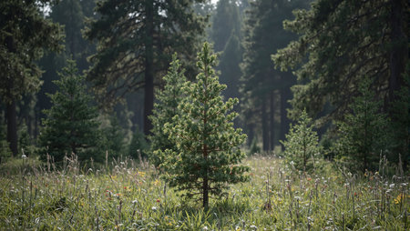 Baby pine tree in a sunlit forest clearingの素材