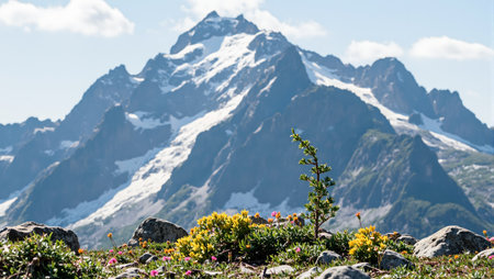 Snow capped mountain with pine sapling and alpine flowersの素材