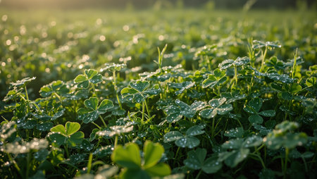 Macro view of dew on clover leaves in morning lightの素材