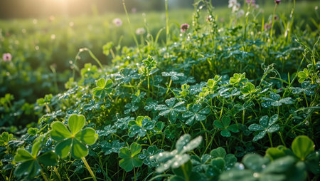Macro view of dew on clover leaves in morning lightの素材