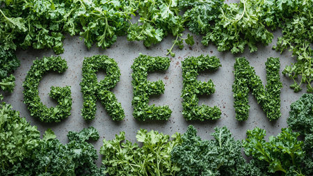 Vibrant leafy greens spell green on stone countertopの素材