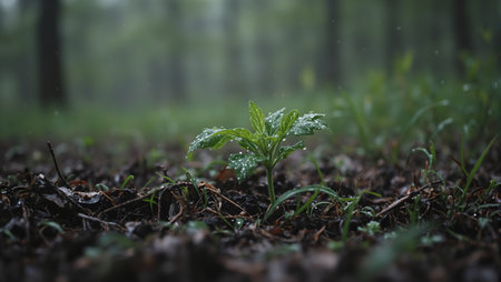 Fresh sprout emerging in rainstorm with glistening leavesの素材