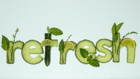 Refreshing word spelled out with cucumber mint and lime slices on glassの素材