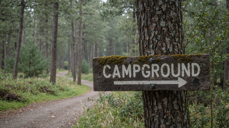 Rustic Campground sign on tree in mossy forest arrow pointing down winding pathの素材