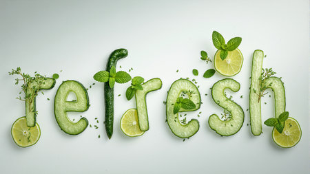Refreshing word spelled out with cucumber mint and lime slices on glassの素材